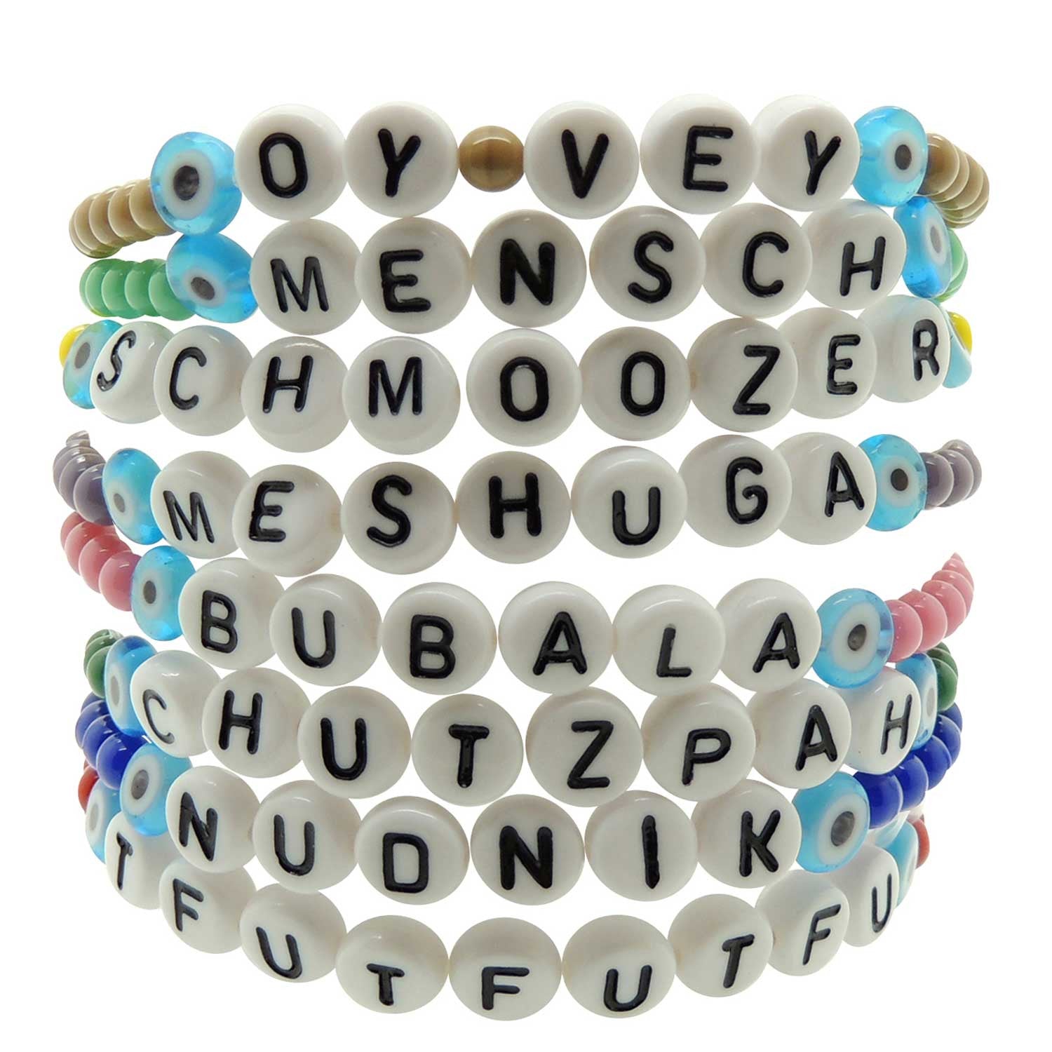 Dana Levy Yinglish Phrase Glass Bead Bracelets White Pile