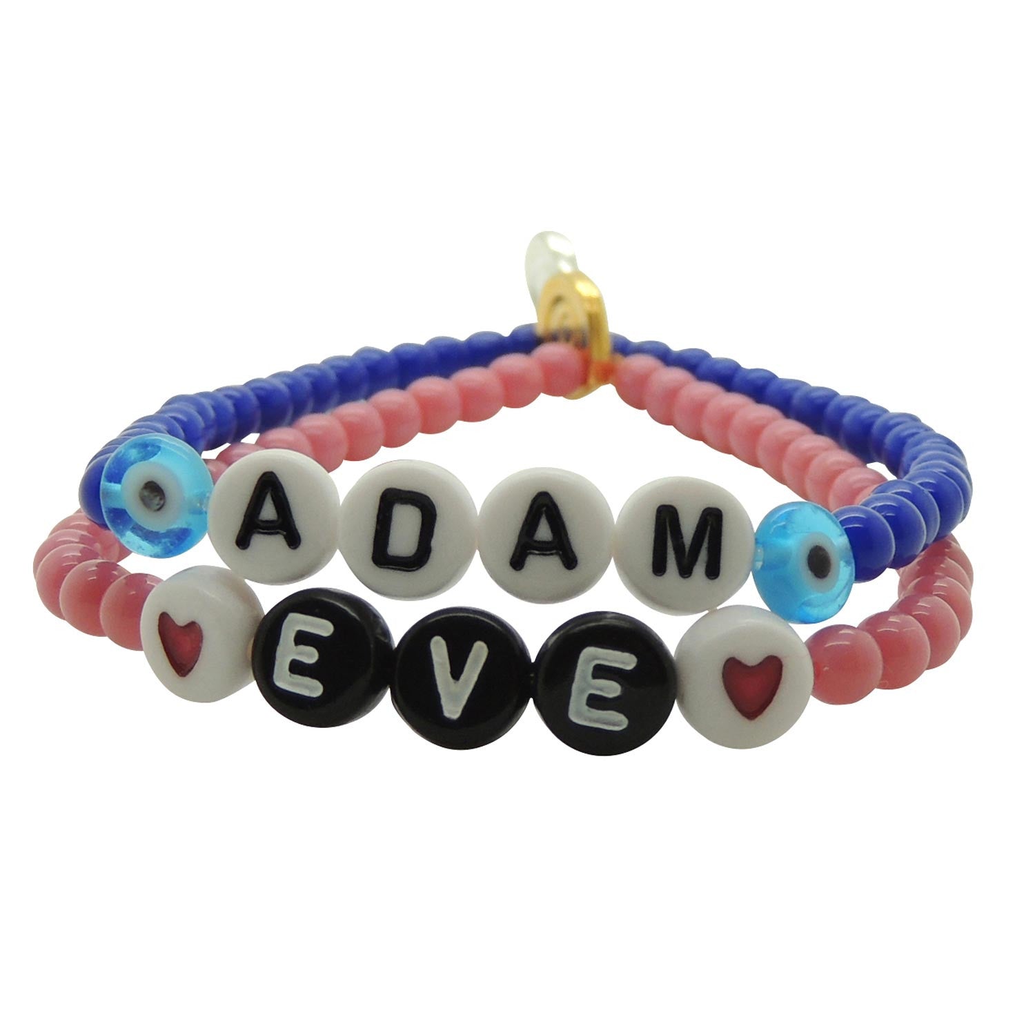 Dana Levy personalised name beaded bracelets in blue and pink with Adam and Eve names in acrylic beads on a white background.