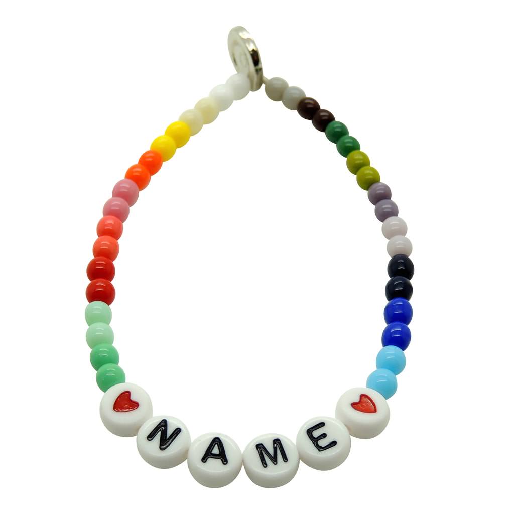Dana Levy Personalised Name Alphabet Charm Rainbow Glass Bead Bracelet with Name in white beads, red heart charms and rainbow beads. 