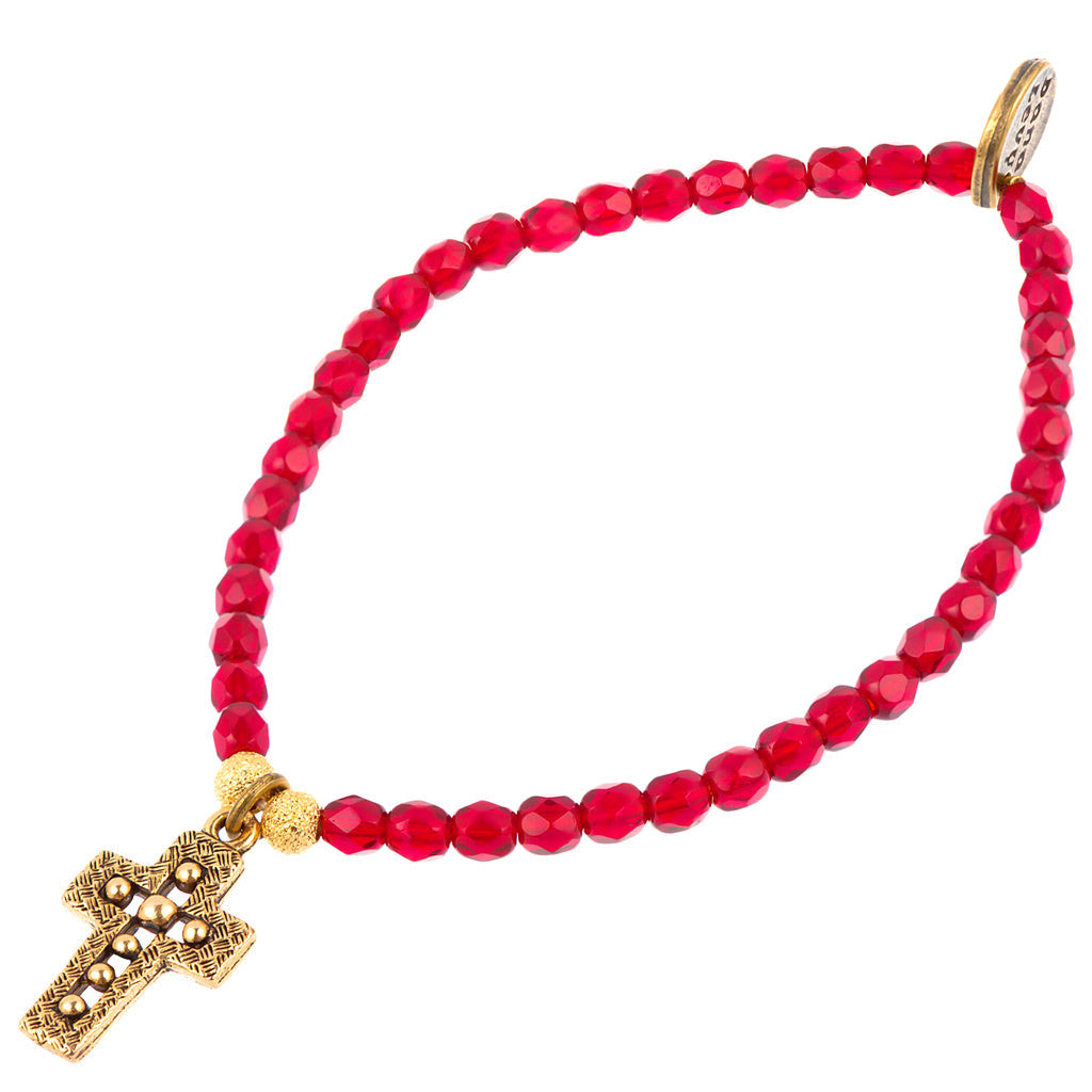 Dana Levy Deco Cross Charm Faceted Glass Bead Bracelet - Antique Gold Ruby