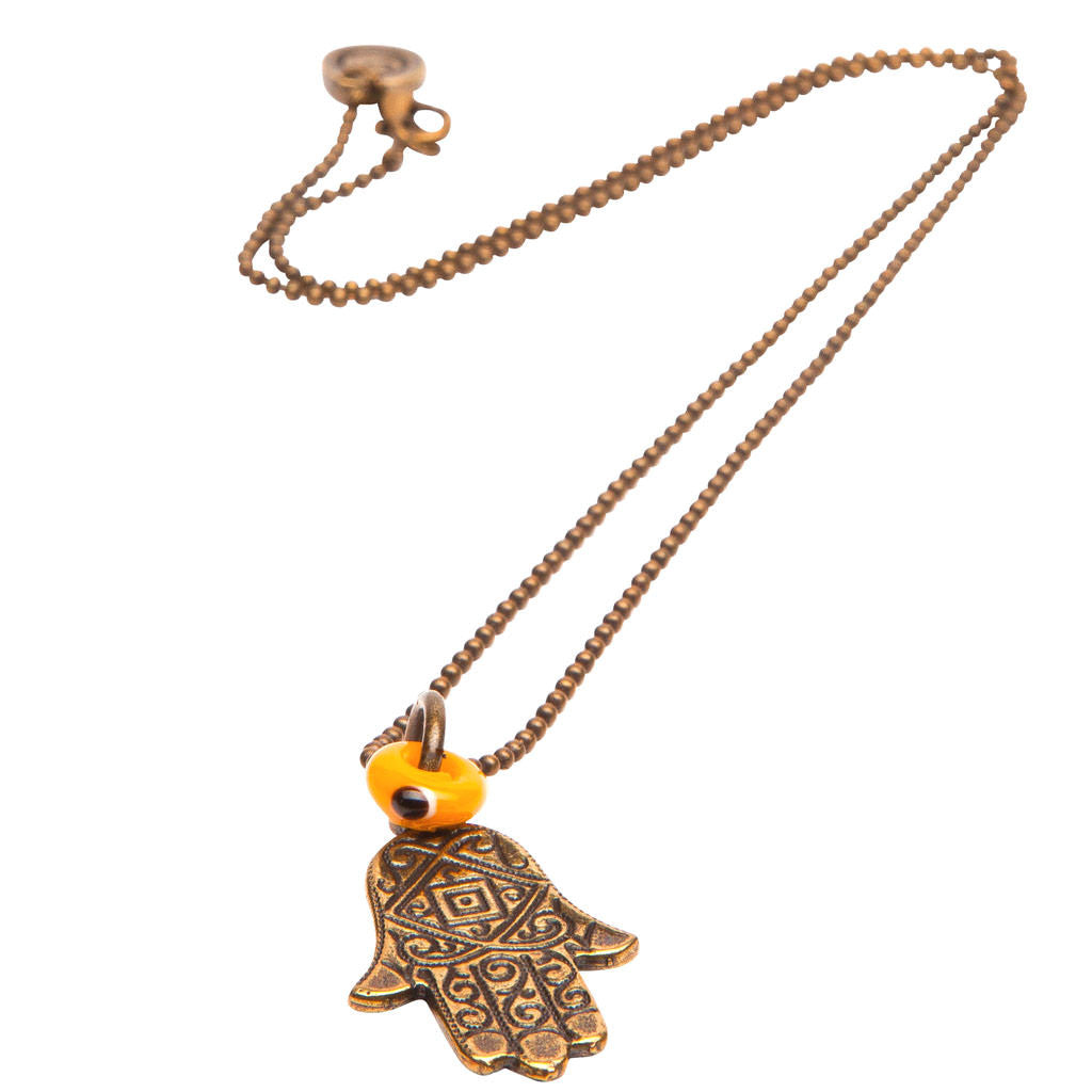 Dana Levy Deco Hamsa Hand Evil Eye Ball Chain Necklace - Antique Gold