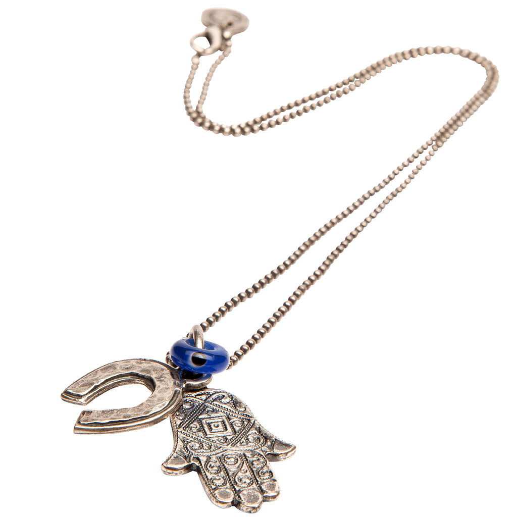 Dana Levy Deco Hamsa Hand Horseshoe Evil Eye Ball Chain Necklace - Antique Silver