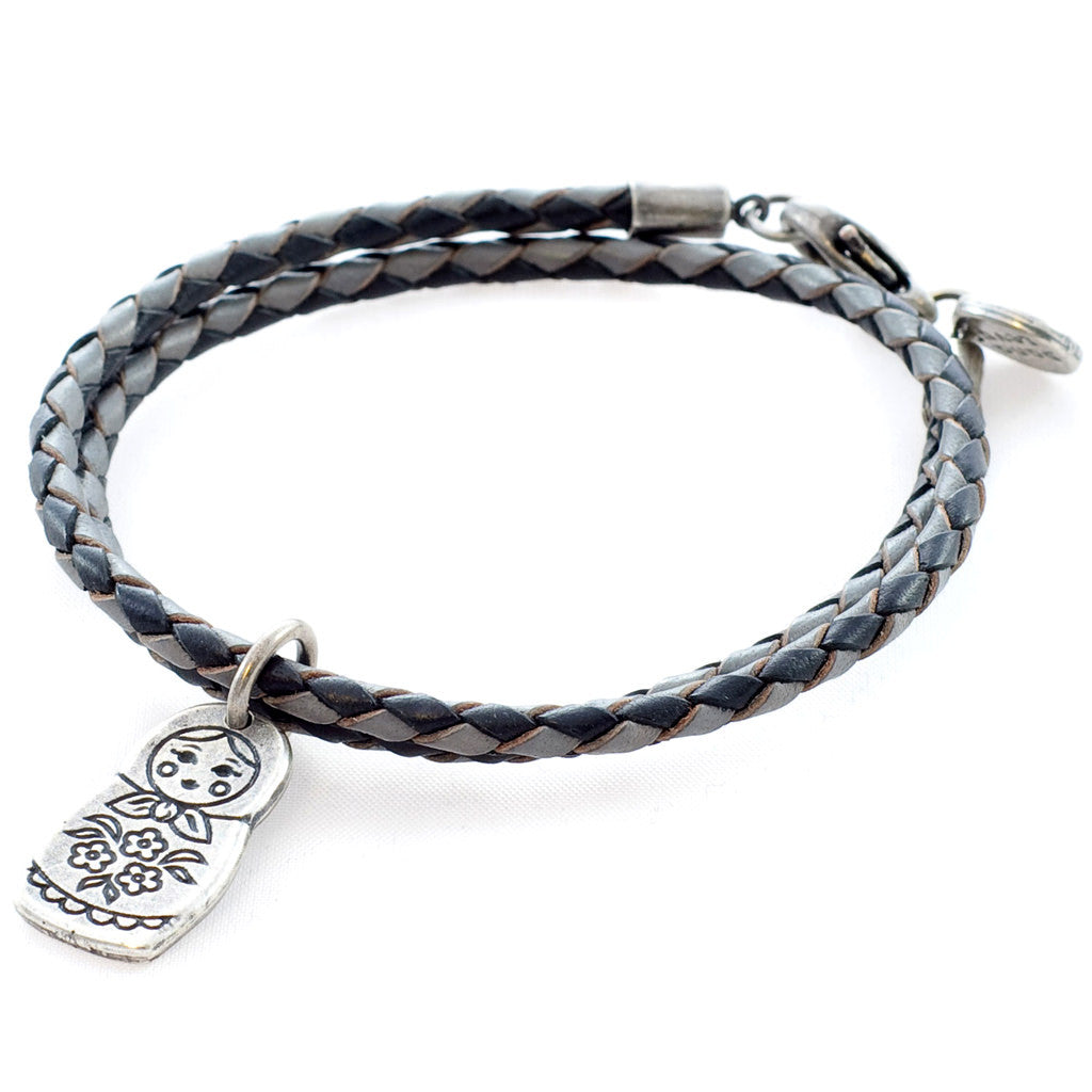 Dana Levy Matryoshka Russian Doll Charm Double Leather Braid Bracelet - Antique Silver