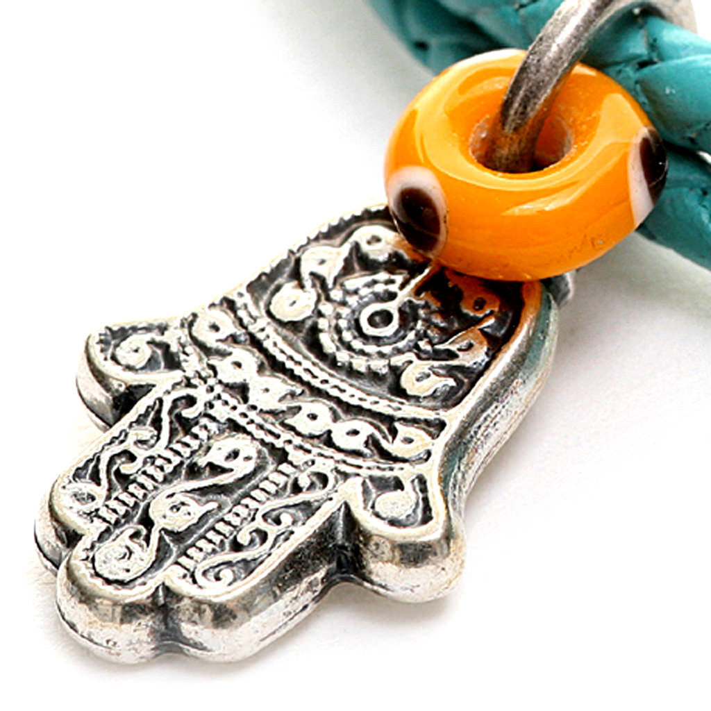 Dana Levy Double Hamsa Hand Evil Eye Leather Braid Bracelet - Detail