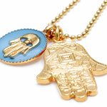 Dana Levy Enamel Hamsa Hand Deco Hamsa Hand Pendant Ball Chain Necklace - Detail of Gold and Blue