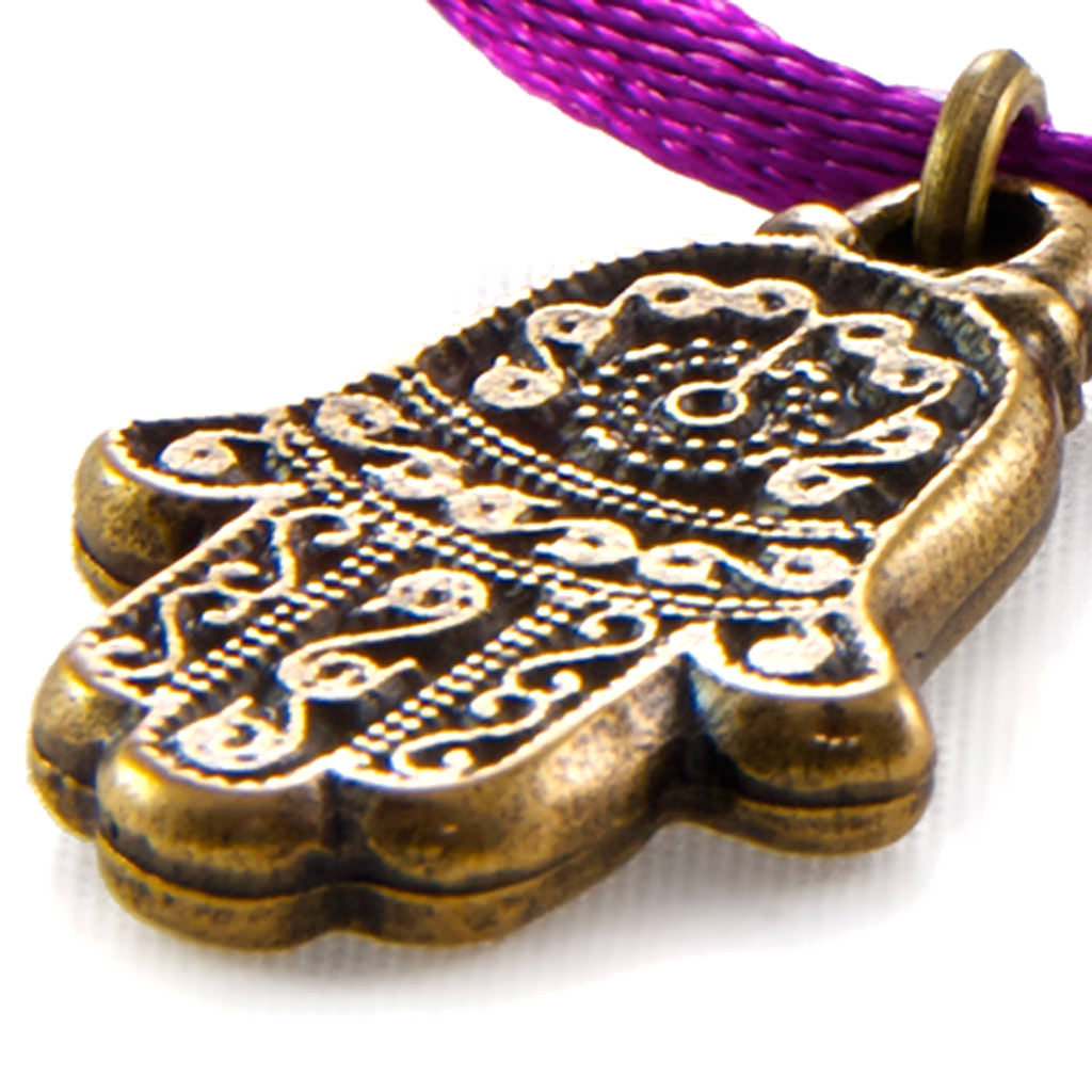 Dana Levy Hamsa Hand Charm Satin Cord Bracelet - Detail of Antique Gold and Magenta