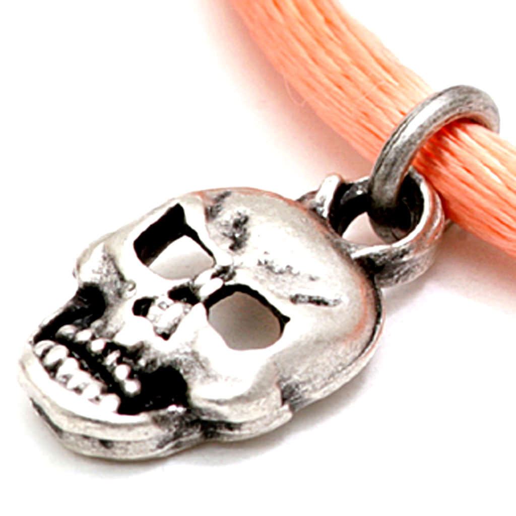 Dana Levy Mini Skull Charm Satin Cord Bracelet - Detail of Antique Silver on Peach