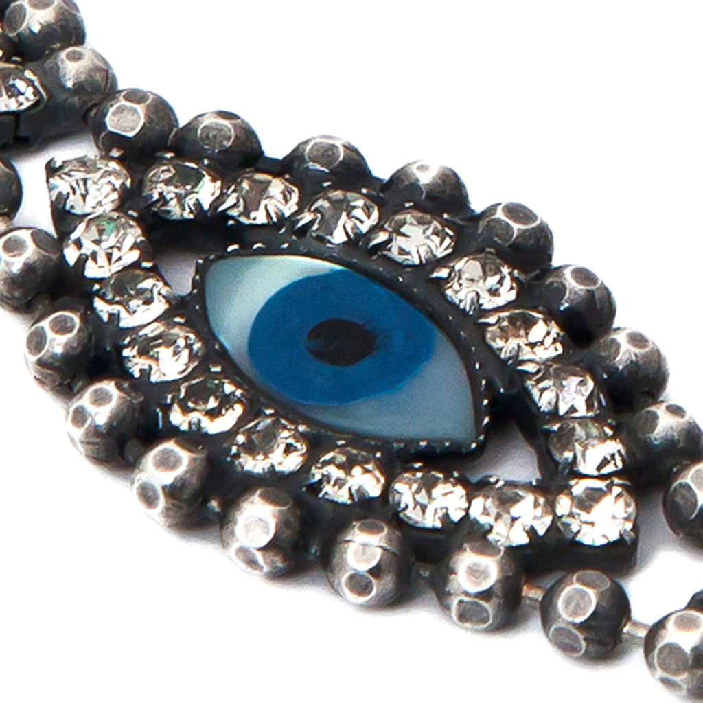 Dana Levy Mother of Pearl Evil Eye Charm Swarovski Crystal Ball Chain Bracelet - Detail of Ant. Silver Clear Crystal