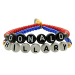 Dana Levy custom personalised beaded bracelets in red and blue beads with Donald and Hillary names, on a white background. 