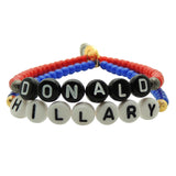 Dana Levy custom personalised beaded bracelets in red and blue beads with Donald and Hillary names, on a white background. 