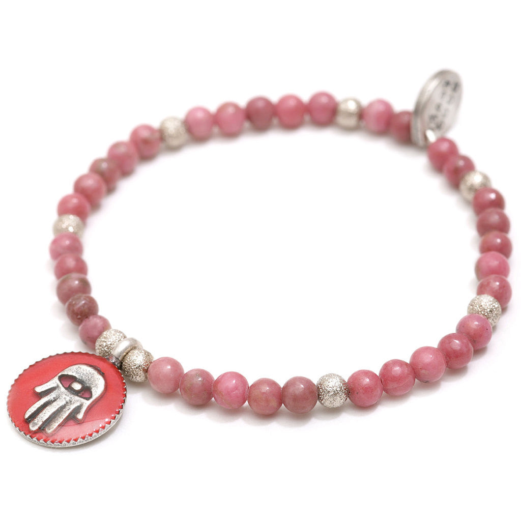 Dana Levy Enamel Hamsa Hand Charm Token Gemstone Bracelet - Antique Silver Pink Rhodonite