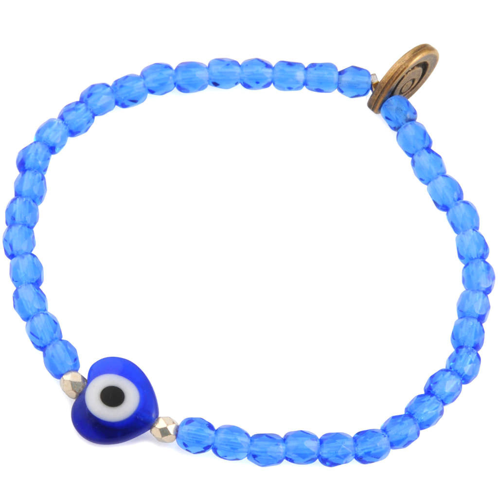 Dana Levy Evil Eye Heart Charm Faceted Glass Bead Bracelet - Royal Blue Eye Sapphire