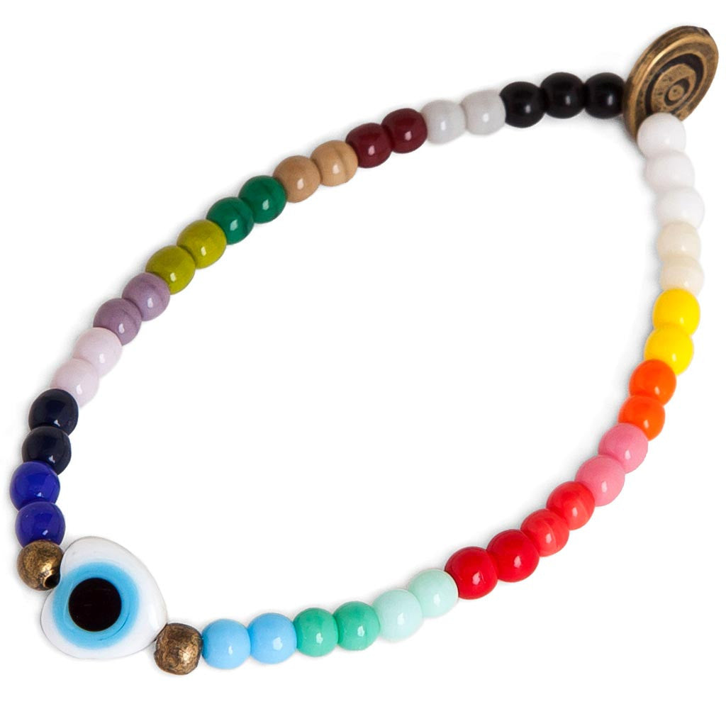 Dana Levy Evil Eye Heart Charm Rainbow Glass Bead Bracelet - White Antique Gold