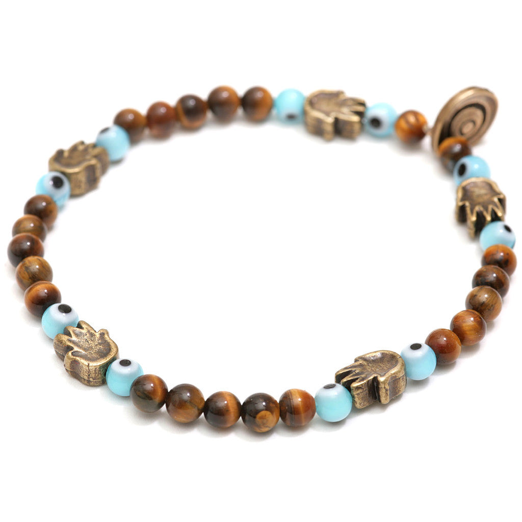 Dana Levy Solid Mini Hamsa Hand Evil Eye Charm Gemstone Bracelet - Antique Gold Tiger Eye