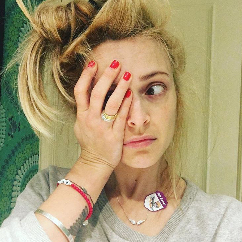 Dana Levy personalised name bead bracelet that read Rex with red glass beads worn by Fearne Cotton. 