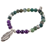 Dana Levy Feather Charm Gemstone Duo Bracelet - Antique Silver Amethyst and Moss Agate