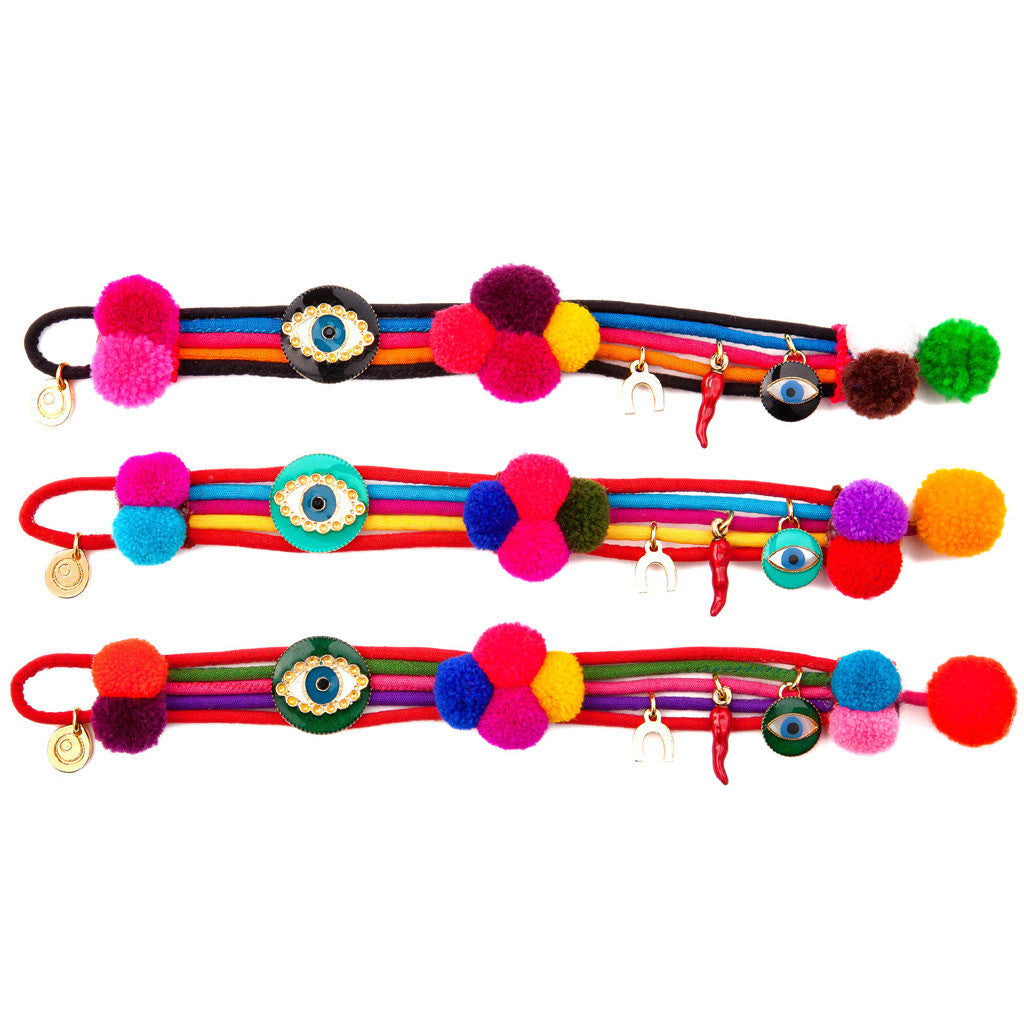 Dana Levy Evil Eye Lucky Charm Pompom Bracelets - Black, Aqua and Emerald