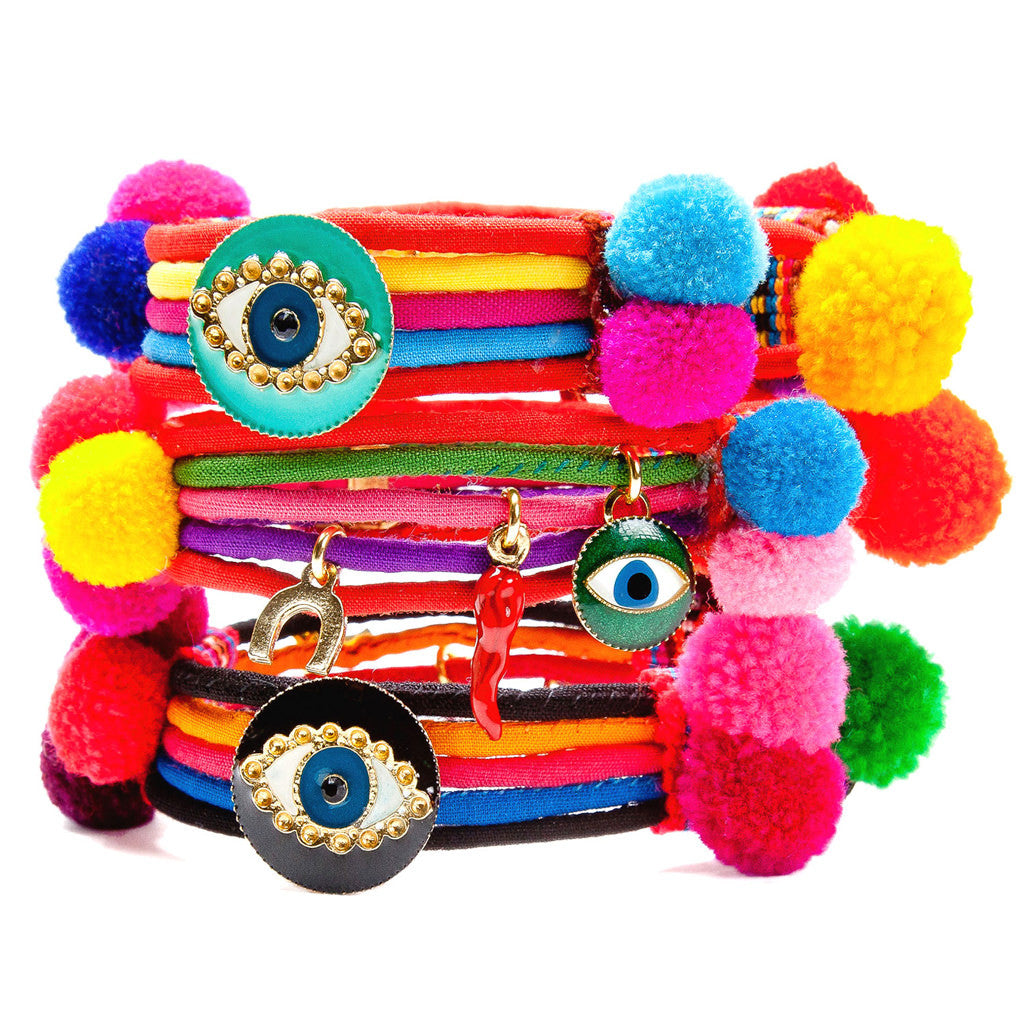 Dana Levy Evil Eye Lucky Charm Pompom Bracelets Stack