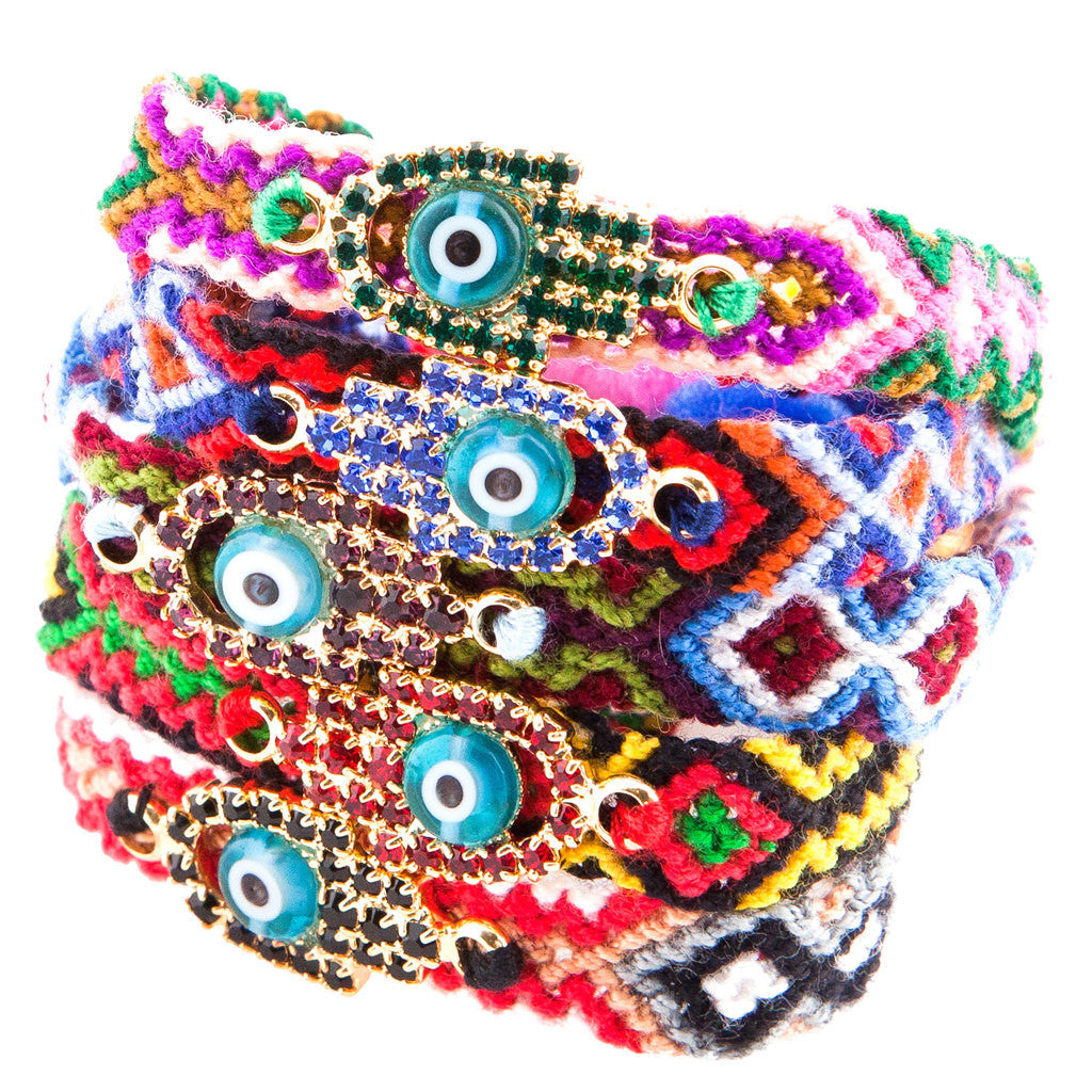 Dana Levy Multicolour Diamante Hamsa Hand Lucky Charm Friendship Bracelet - Stack of Bracelets