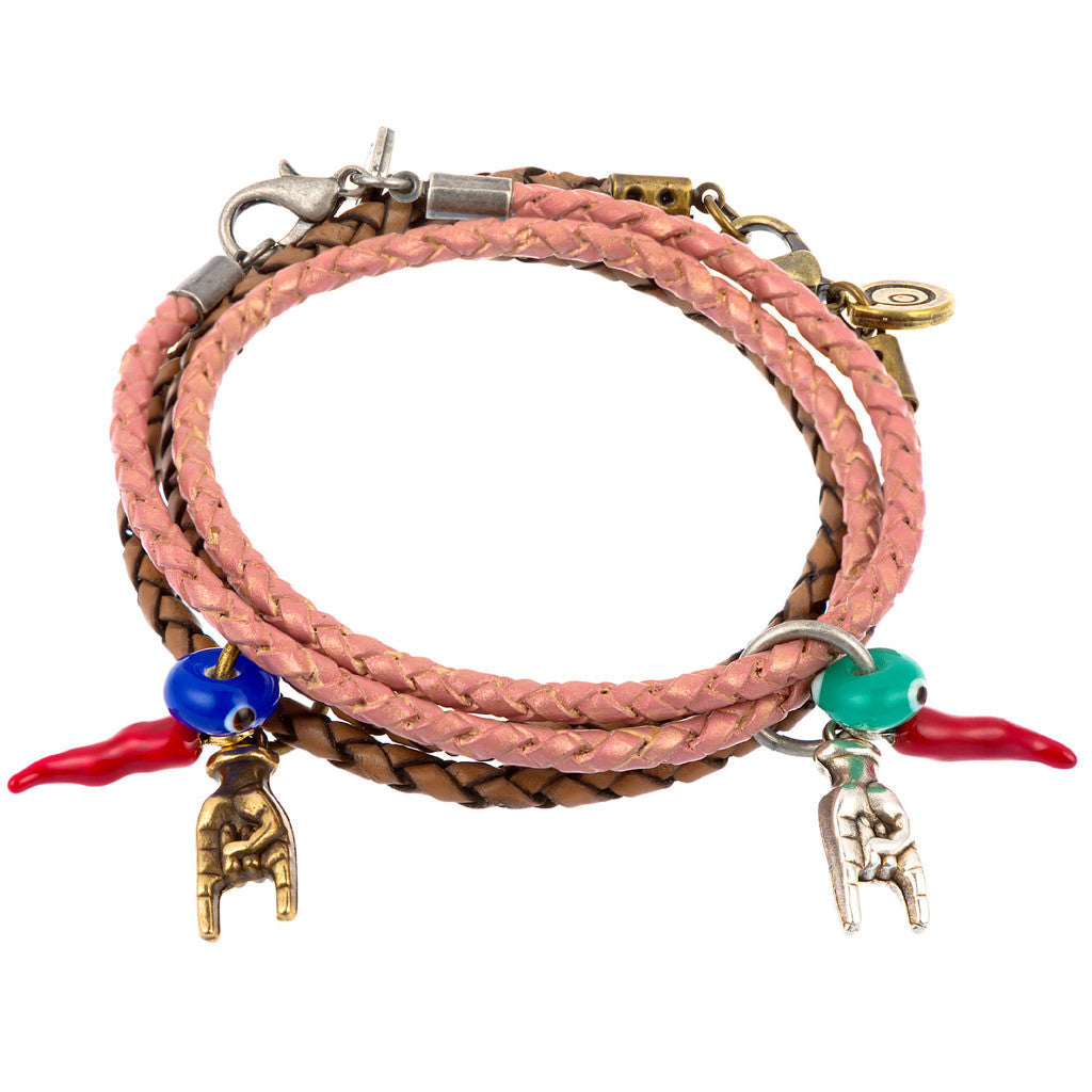 Dana Levy Cornicello Mano Hand Evil Eye Double Leather Braid Bracelets - Antique Gold & Antique Silver