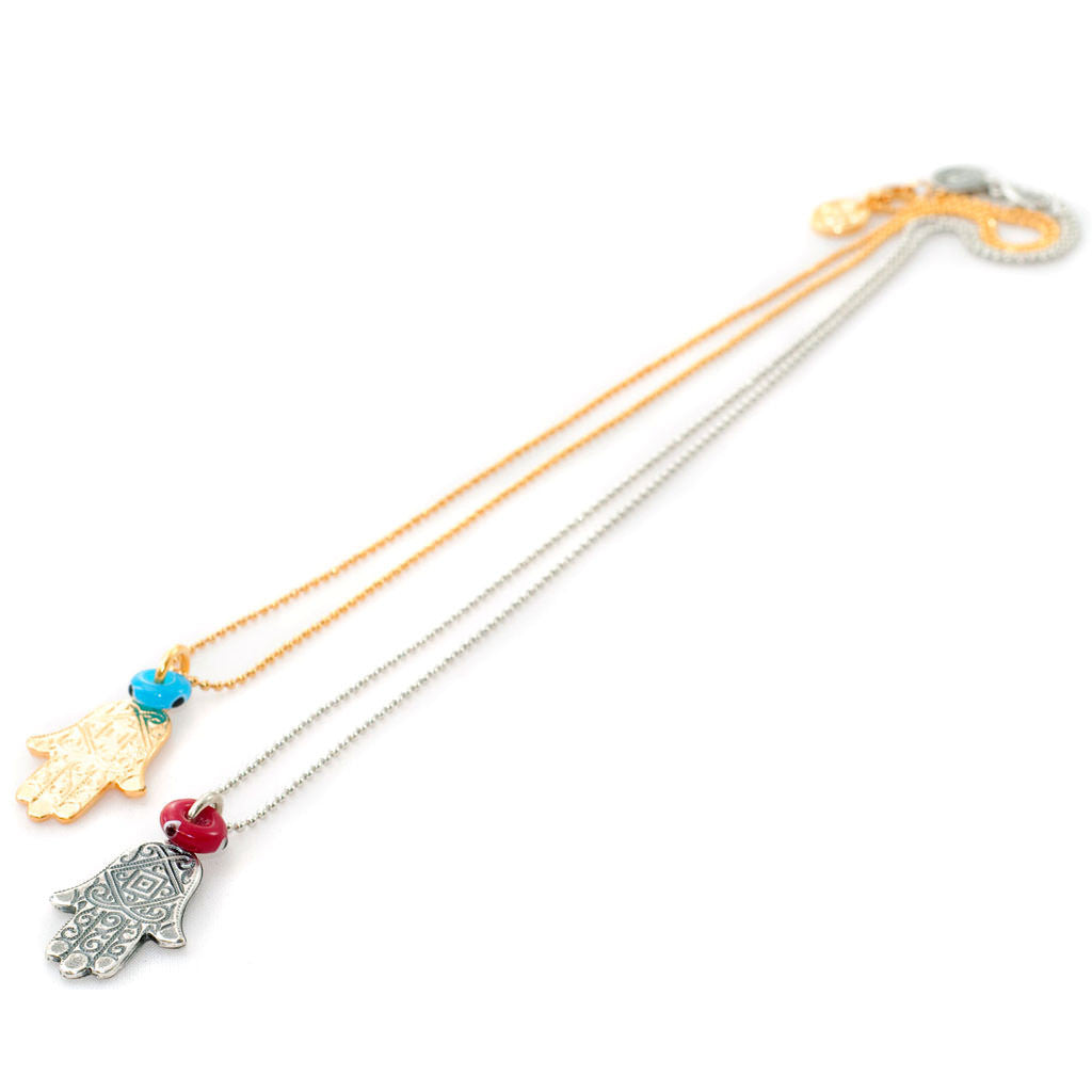 Dana Levy Deco Hamsa Hand Evil Eye Ball Chain Necklace - Gold and Antique Silver