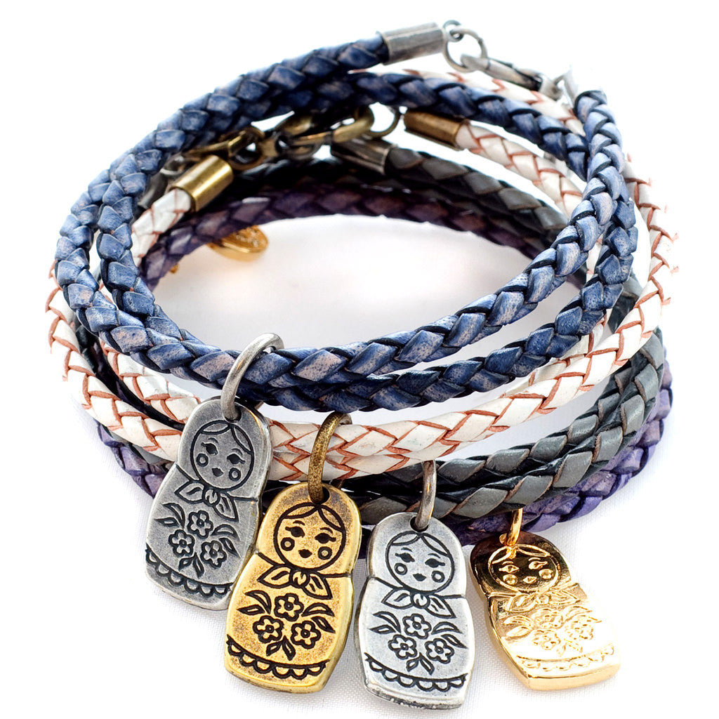 Dana Levy Matryoshka Russian Doll Charm Double Leather Braid Bracelets Stack