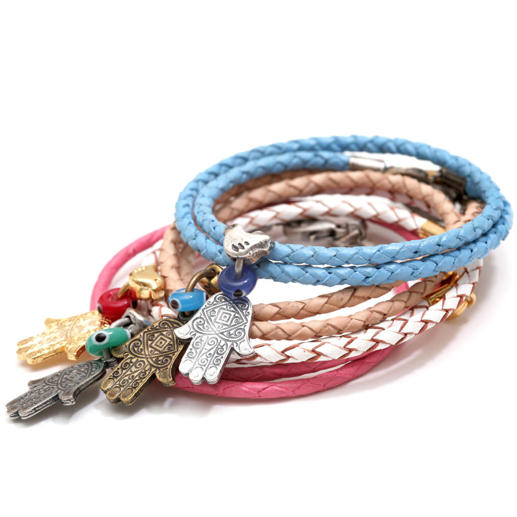 Dana Levy Dove Evil Eye Hamsa Hand Double Leather Braid Bracelets Stack