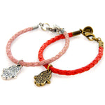 Dana Levy Hamsa Hand Charm Leather Braid Bracelets Pair - Dusty Pink & Red 