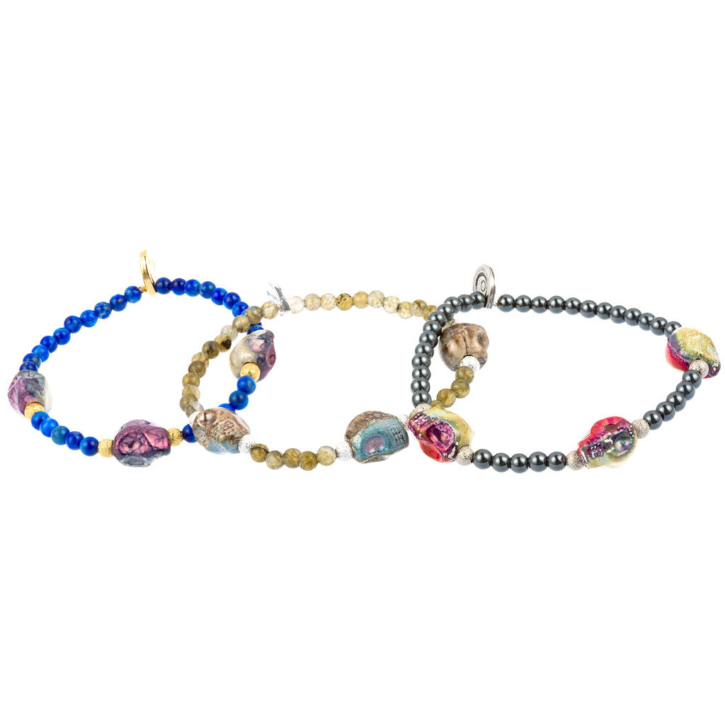 Dana Levy Mini Ceramic Skull Charm Trio Gemstone Bracelets Trio