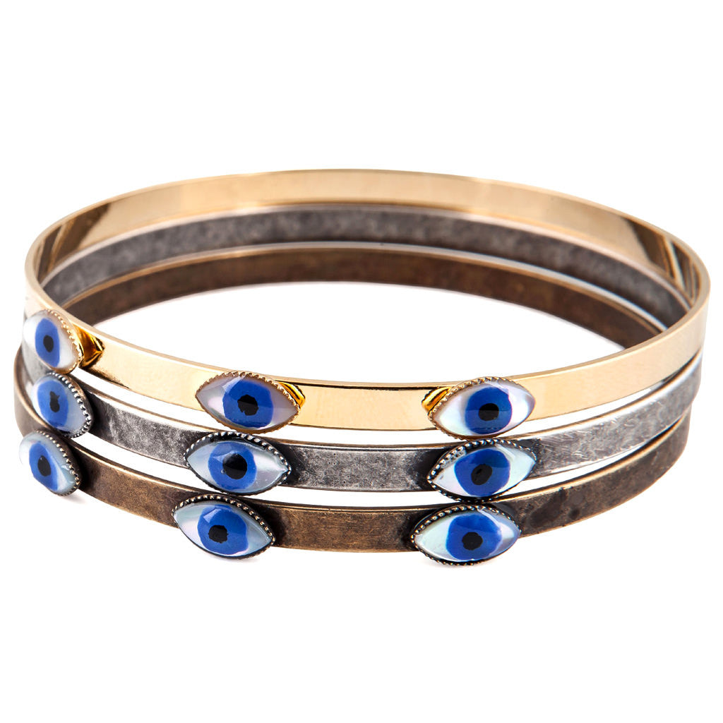 Dana Levy Mother of Pearl Evil Eye Trio Bangles Group Pile