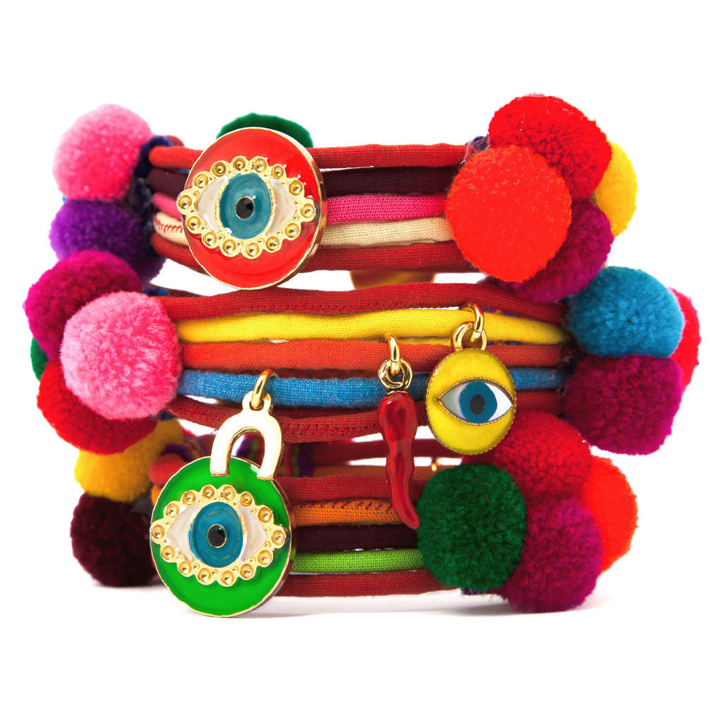 Dana Levy Neon Evil Eye Lucky Charm Pompom Bracelets - Group Pile