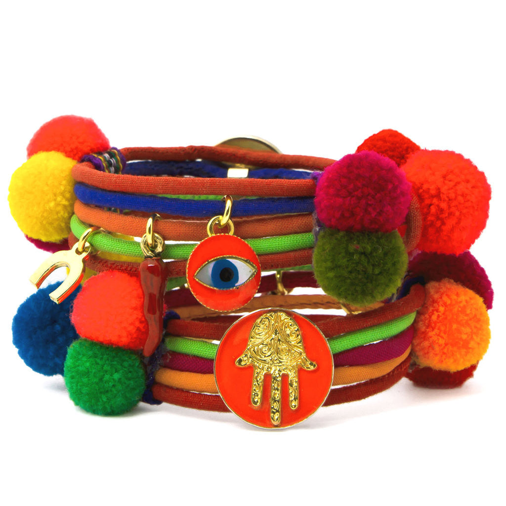 Dana Levy Neon Hamsa Hand Lucky Charm Pompom Bracelet - Neon Orange Both Sides
