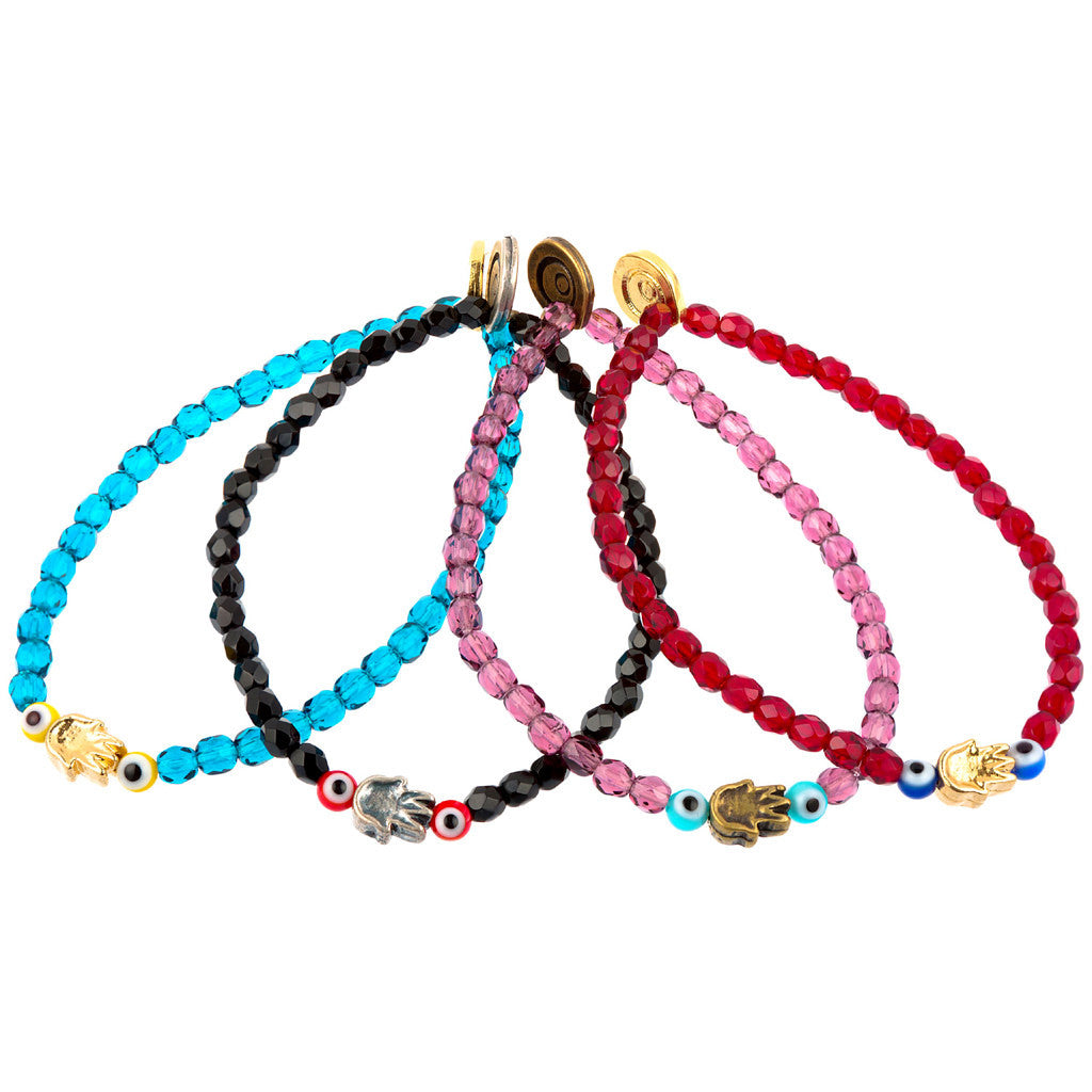 Dana Levy Solid Mini Hamsa Hand Evil Eye Faceted Glass Bead Bracelets Group