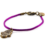 Dana Levy Hamsa Hand Charm Satin Cord Bracelet - Antique Gold and Magenta