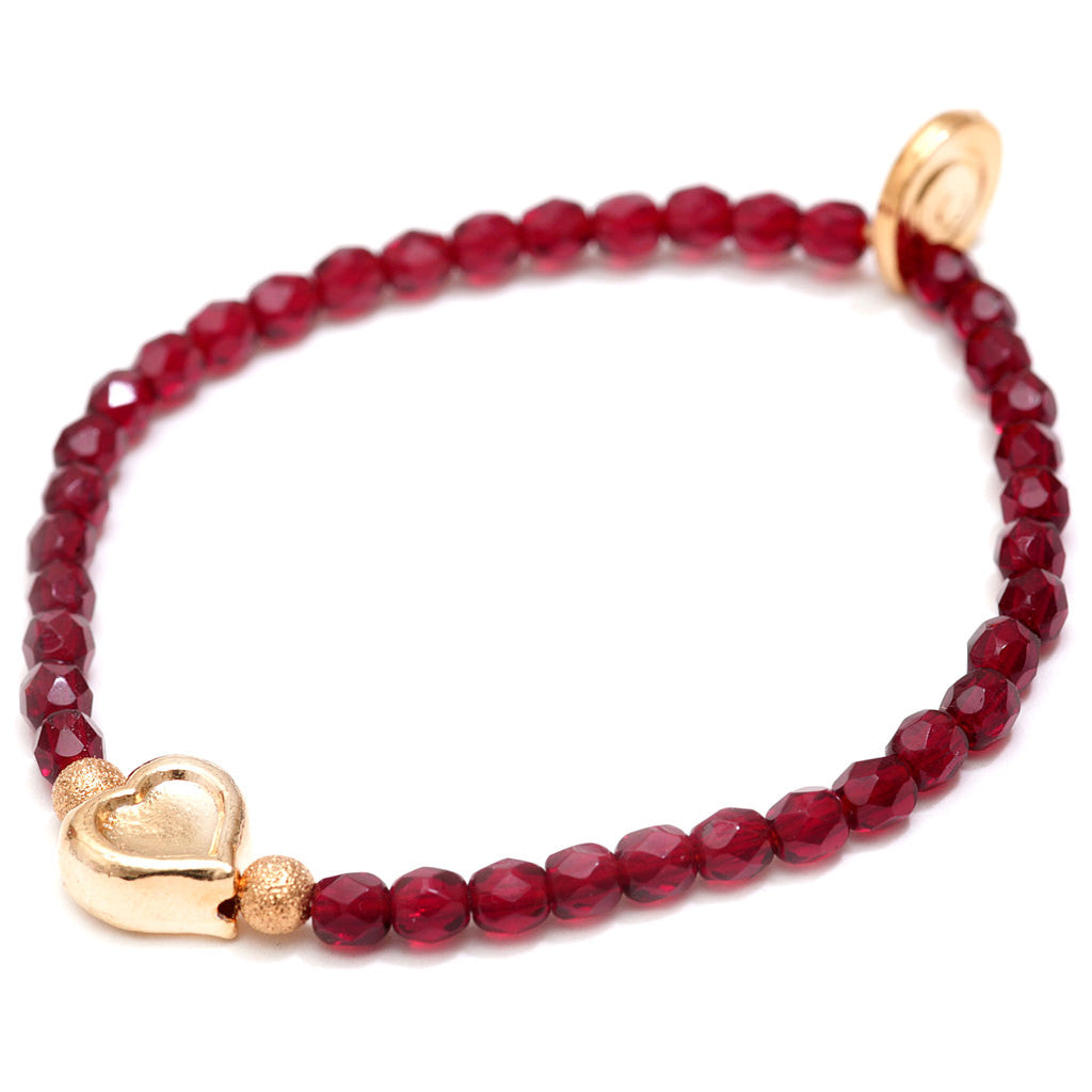Dana Levy Heart Charm Faceted Glass Bead Bracelet - Gold Ruby