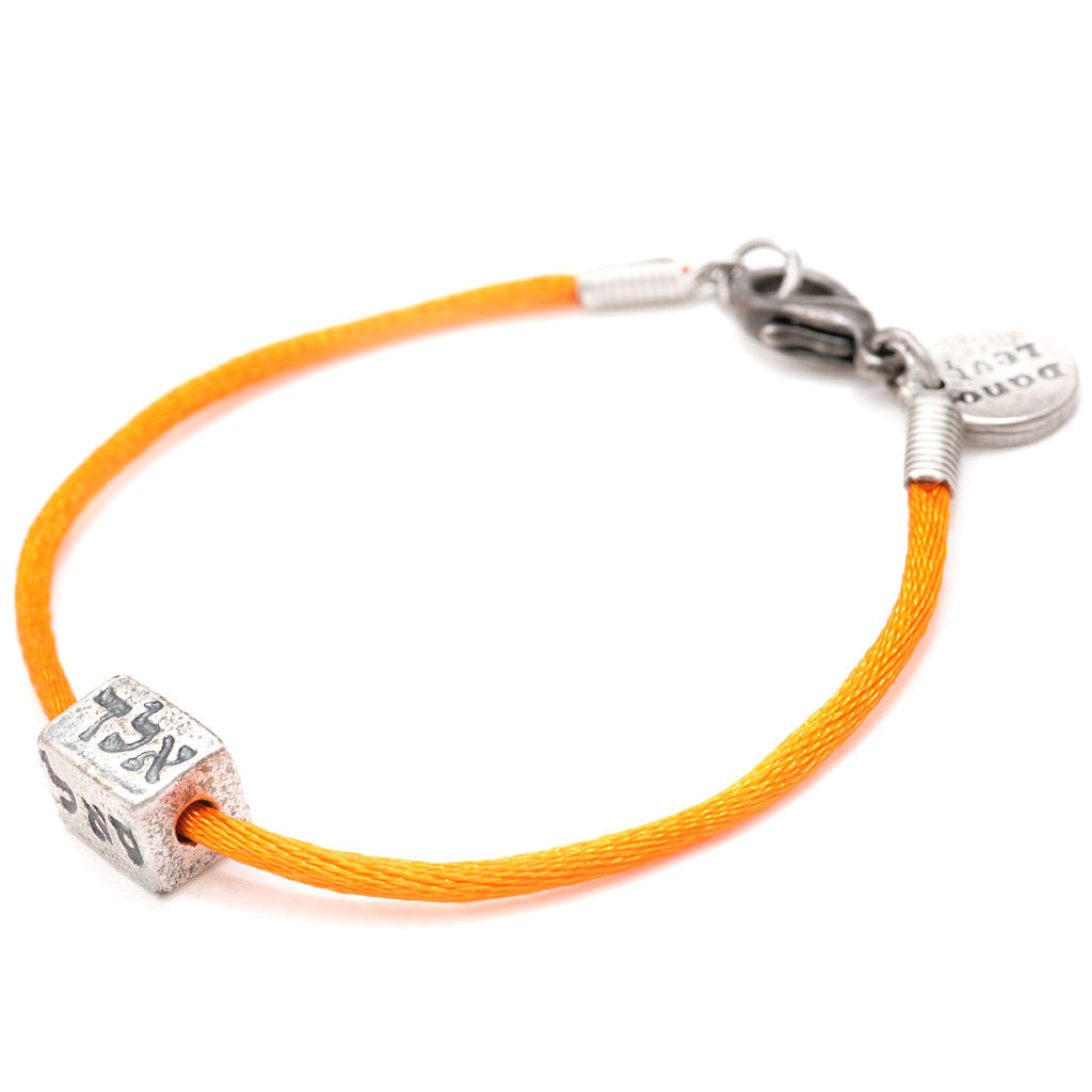 Dana Levy Kabbalah Blessings Cube Satin Cord Bracelet - Antique Silver Neon Orange