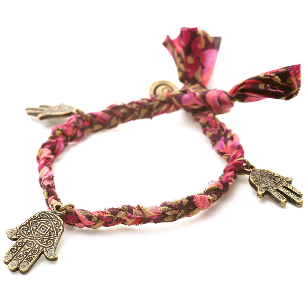 Dana Levy Liberty Print Deco Hamsa Hand Wrap Braid Bracelet - Antique Gold & Maroon Berries Liberty Print