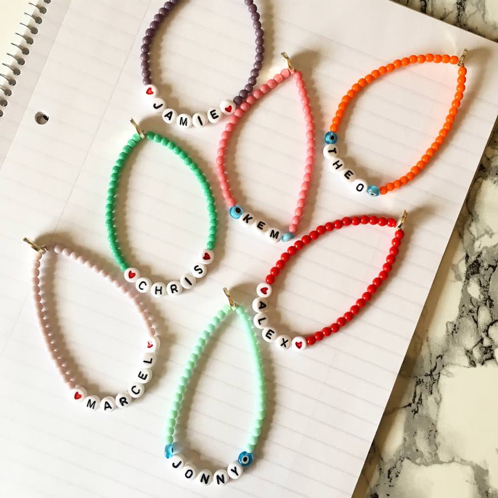 Dana Levy personalised name bead bracelets Love Island edition in various colours with contestants names - Who's your type on paper?