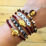 Dana Levy Dove Hamsa Hand Charm Faceted Glass Bead Bracelet - Gold Ruby Mix w Various on Wrist