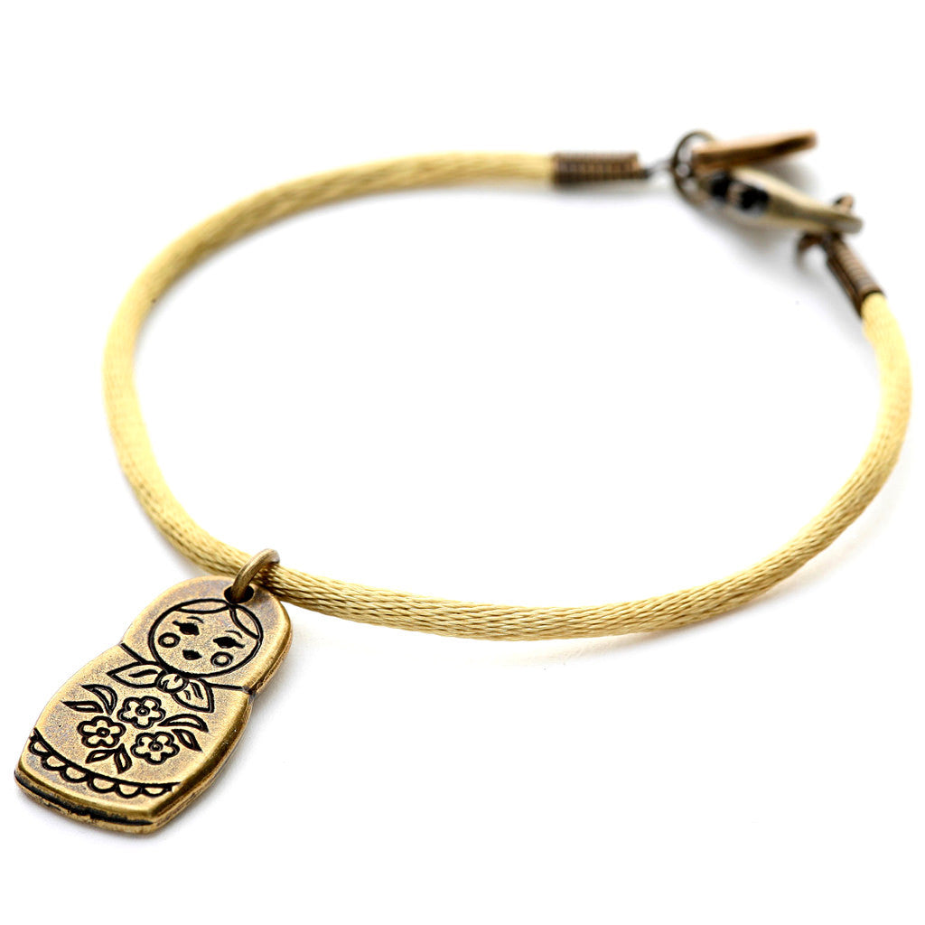Dana Levy Matryoshka Russian Doll Charm Satin Cord Bracelet - Antique Gold on Gold Satin
