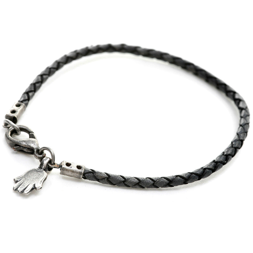 Dana Levy Mini Hamsa Hand Charm Leather Braid Bracelet - Antique Silver