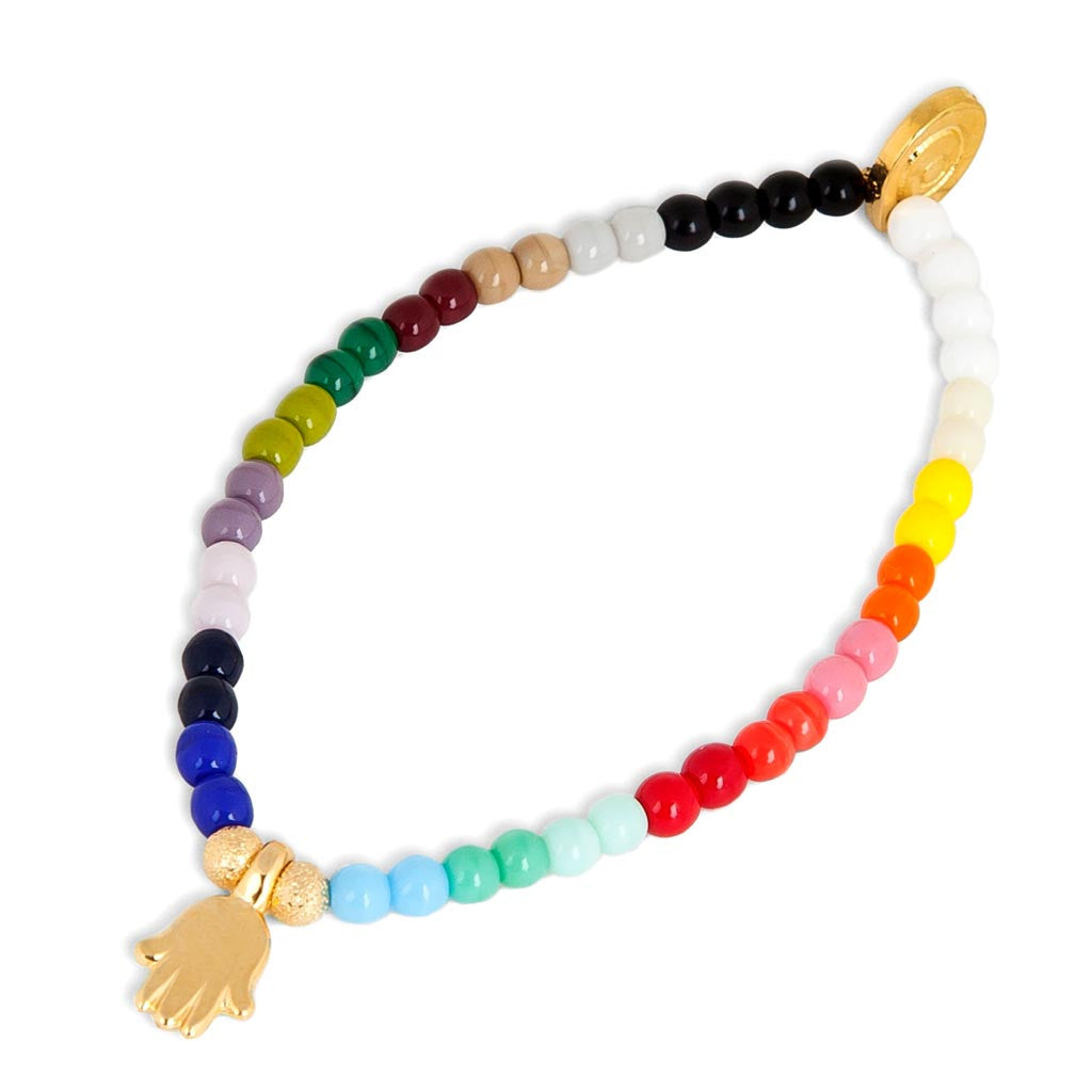 Dana Levy Mini Hamsa Hand Charm Rainbow Glass Bead Bracelet - Gold