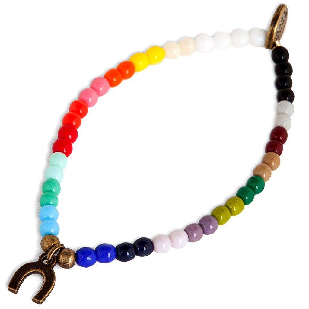 Dana Levy Mini Horseshoe Charm Rainbow Glass Bead Bracelet - Antique Gold