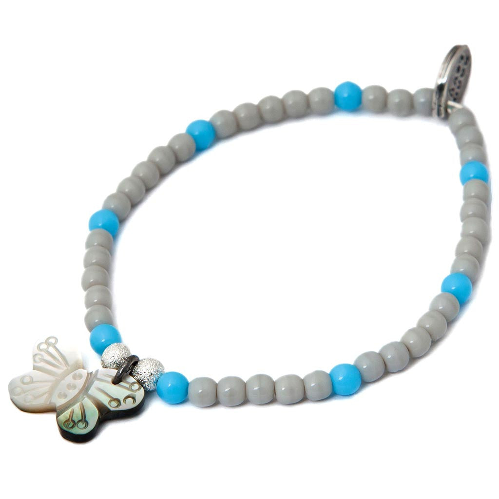 Dana Levy Mother of Pearl Butterfly Charm Glass Bead Bracelet - Grey Turquoise
