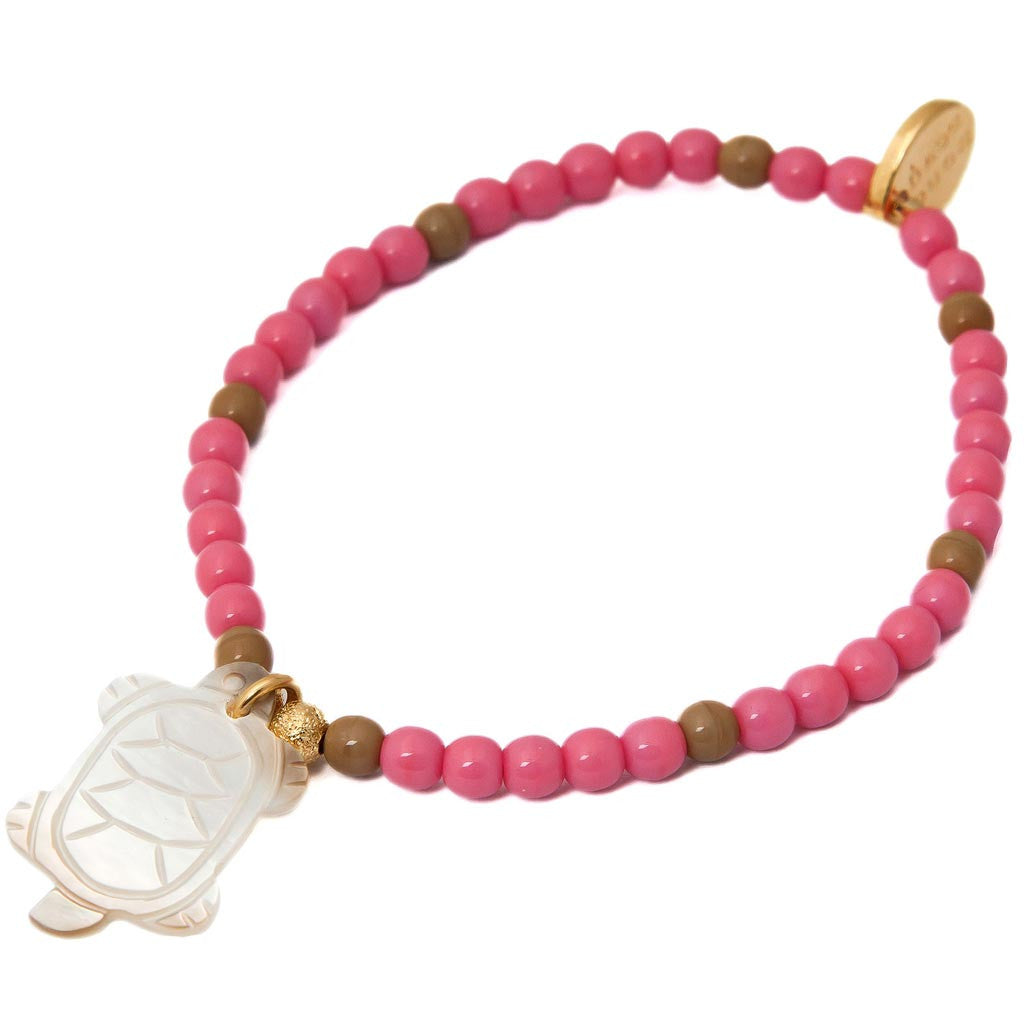 Dana Levy Mother of Pearl Turtle Charm Glass Bead Bracelet - Pink & Coffee Mix