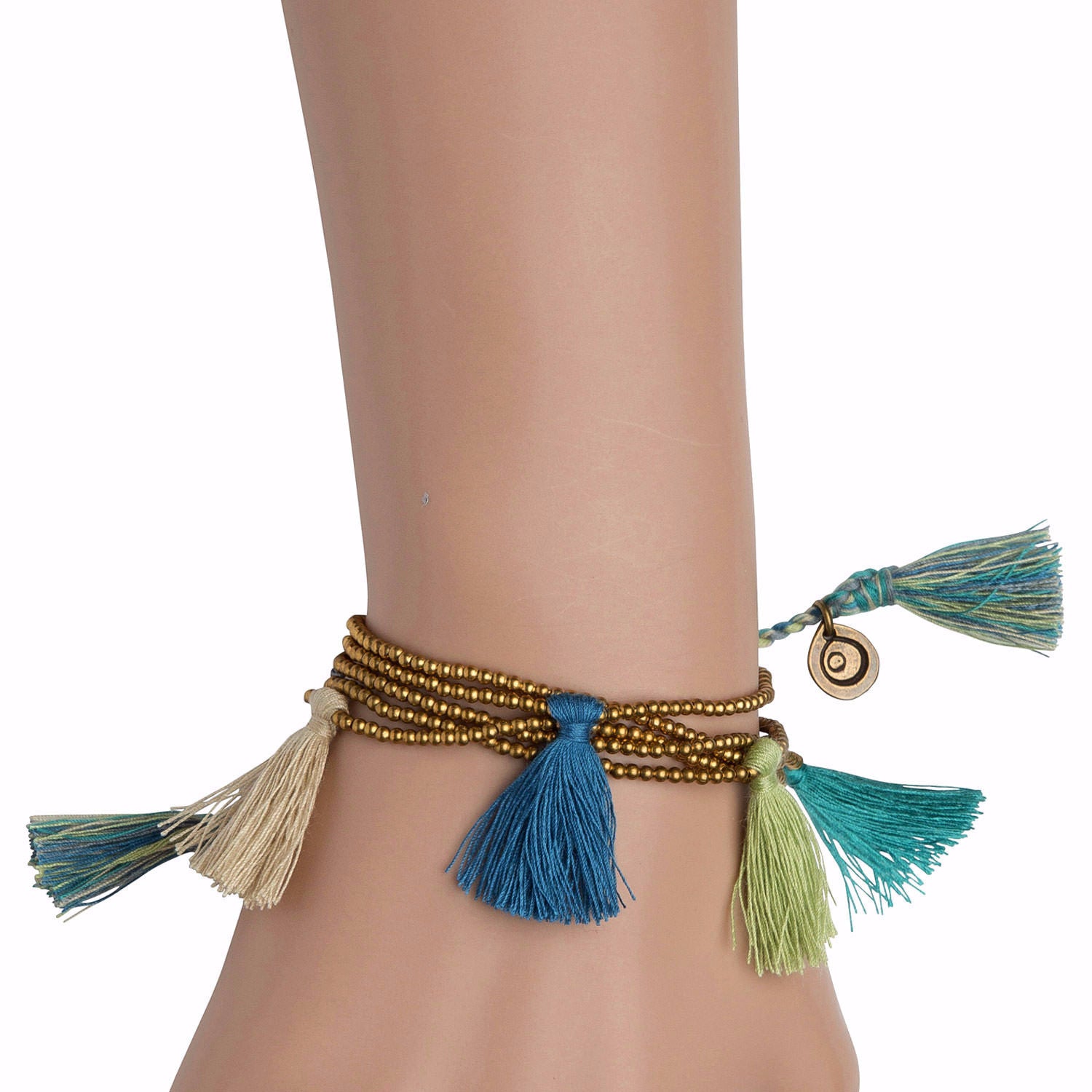 Dana Levy Multi Tassel Bead Drawstring Bracelet - Blue Mix On Wrist