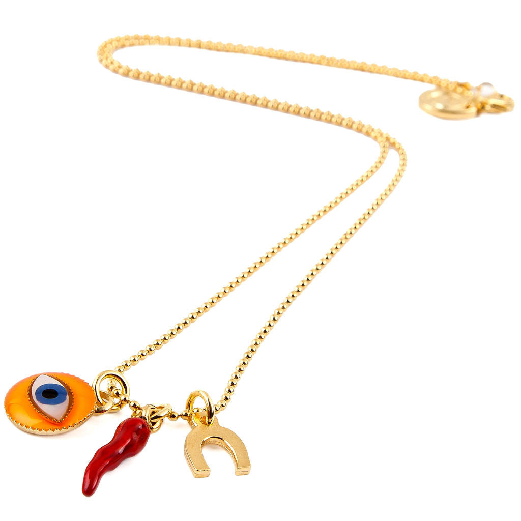 Dana Levy Neon Enamel Evil Eye Token Charm Trio Ball Chain Necklace - Neon Orange