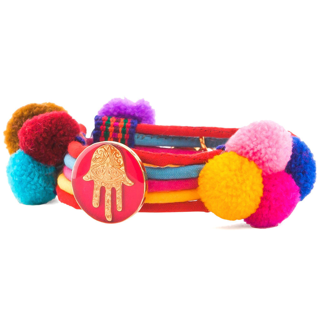 Dana Levy Neon Hamsa Hand Lucky Charm Pompom Bracelet - Neon Pink