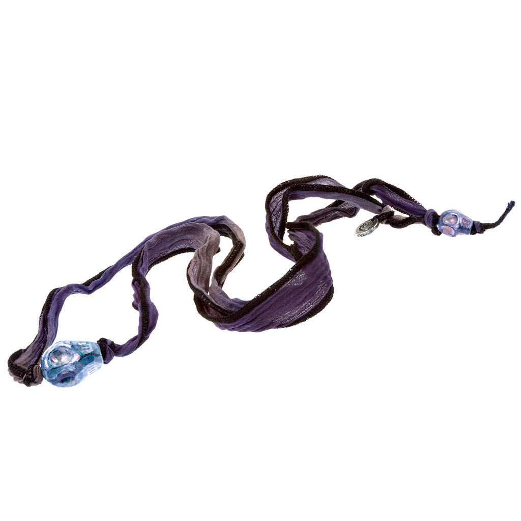 Dana Levy Ceramic Skull Duo Silk Wrap Bracelet - Lilac Multicolour and Grey Black Mix Unravelled