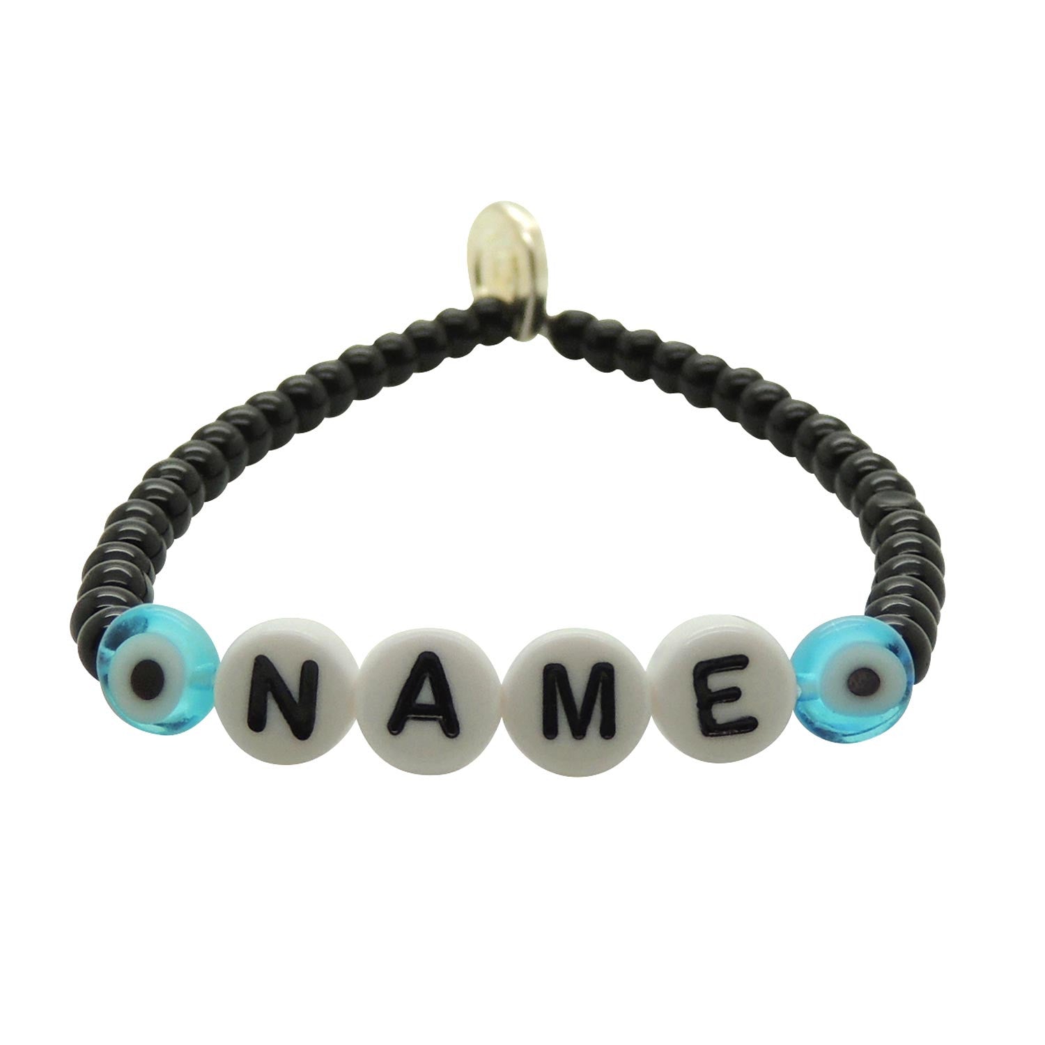 Dana Levy personalised name glass bead bracelet with name in white acrylic letters and turquoise evil eye charms and black glass beads on a white background. 